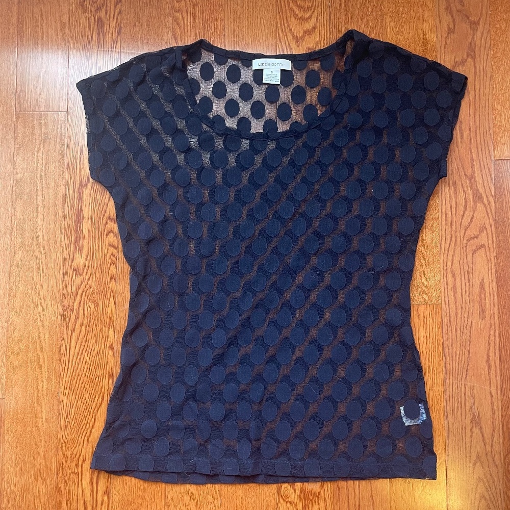 Liz Claiborne Black Polka-Dot Mesh Top Size Small Whimsigoth Y2K